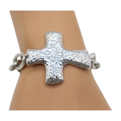 Women Silver Metal Chain Link Wrist Bracelet Hammered Cross Charm Adjustable Fit