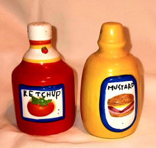 Picnic BBQ Style Ceramic Red Ketchup  Yellow Mustard Salt And Pepper Shaker EUC
