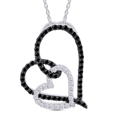 3/8Ct Real Diamond Interlocking Heart Pendant 14K White Gold Plated Sterling 18''