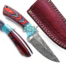 Handmade Damascus Steel Hunting Knife, Turquoise Bolster and with Leather Sheath