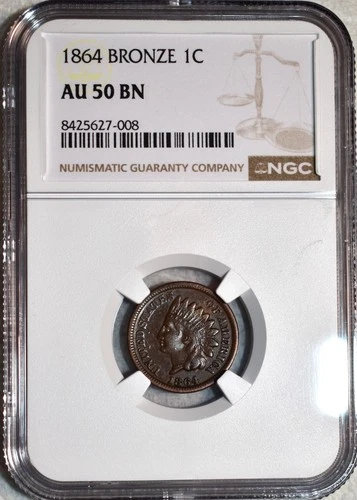 NGC AU-50 BN 1864 Bronze Indian Head Cent, Richly Hued, Dark-Brown specimen.