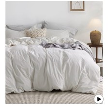 Bedsure 100 Washed Cotton Duvet Cover Queen Size - Natural White Minimalist