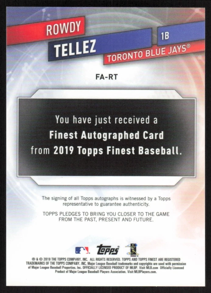 2019 Topps Finest Rookie Autographs Gold Rowdy Tellez /50 Toronto Blue Jays - Image 2 of 2