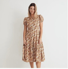 Madewell Open Back Puff Sleeve Flora Field Beige Ochre Dress Midi Nwt 16W