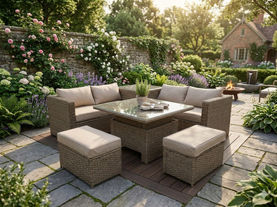 RATTAN ANHEBUNGTISCH KORBGEFLECHT WINTERGARTEN OUTDOOR GARTENMÖBEL ECKE ESS