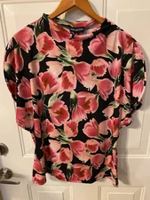 Halston Women’s NWT Black Pink Floral Dolman Style Mock Neck Blouse Size Large