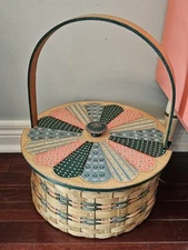 Vintage BOHO Handpainted Wood And Wicker Basket With Lid