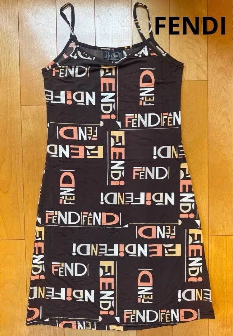 FENDI LOGO PRINT Short Camisole Dress Sleeveless Brown Made In Italy Authentic