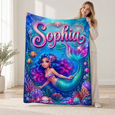 Personalized Mermaid Coral Fleece Blanket Ocean Fantasy Decor