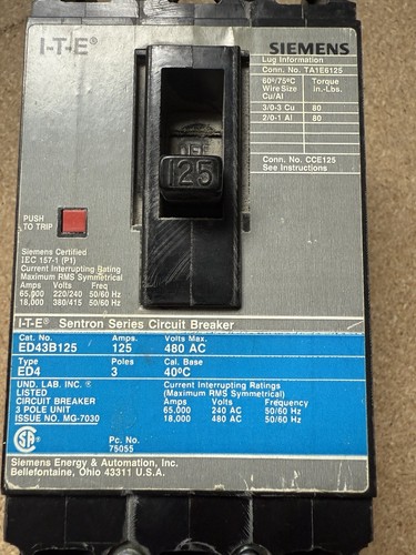 SIEMENS ED43B125 SCHUTZSCHALTER 125A 125 AMP 3P 3 POLIG 480V- - Bild 2 von 5