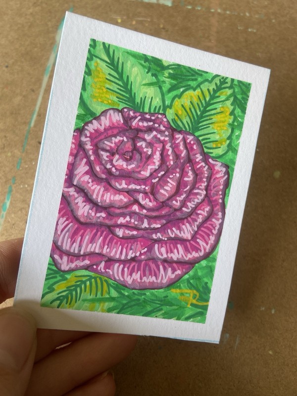 ACEO- Original Mini Painting- Pink Flower In Grass Still Life-