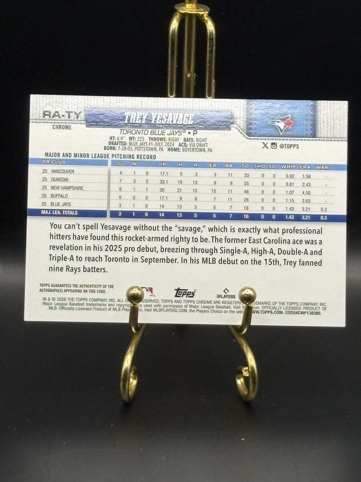 2026 Topps Chrome Trey Yesavage Rookie True Gold Refractor auto 44/50 Blue Jays view 2
