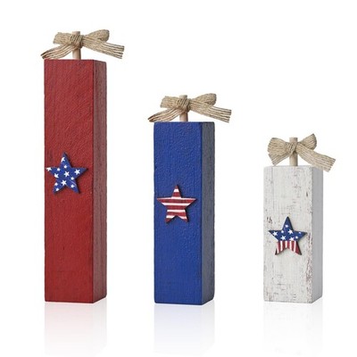 Smile Wooden Patriotic Star Decor Blocks - 3-Piece Red, White, Blue Distresse...