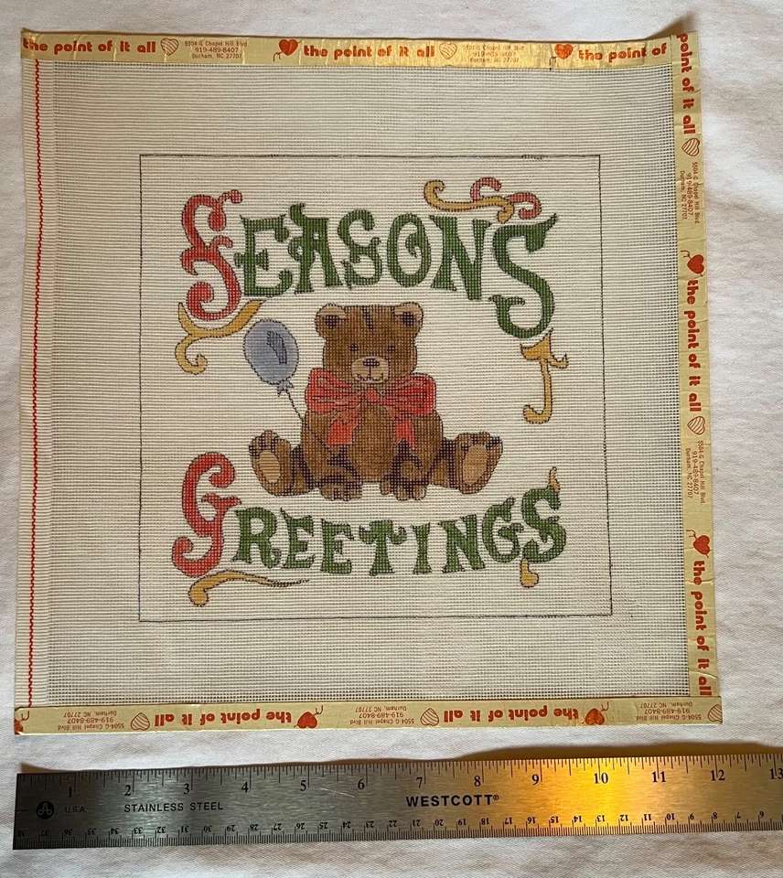 Season’s Greetings hand painted Christmas Bear Needlepoint Canvas, VTG, new - Image 2 of 3