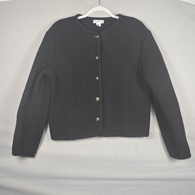 Talbots 10 Black 100% Wool Knit Jacket Cardigan Gold Crest Buttons Classic Prep