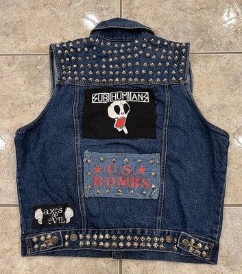 Vintage 90s Y2K SUBHUMANS AXES OF EVIL Hardcore Studded Punk Rock Metal Vest