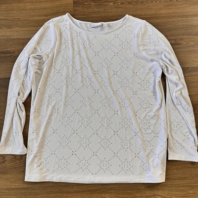 Susan Graver Silver Studded Long Sleeve Blouse White XL Liquid Knit Shirt Shiny