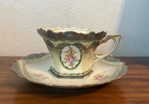 Antique RS PRUSSIA Signed Porcelain Tea Cup & Saucer - Green Gold Pink Floral