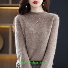 100 Wool Cashmere Women Half High Neck Hollow Out Pullover Knitted Base Sweater