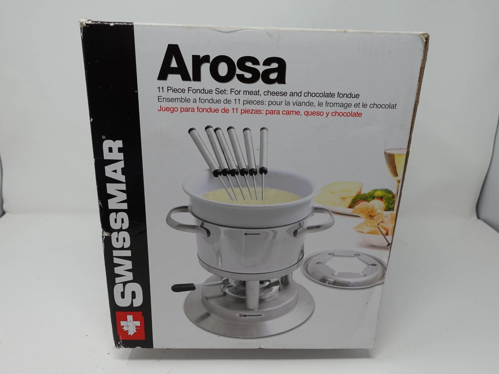 Swissmar Arosa 11-Piece Fondue Set Stainless / Ceramic — New, Box Corner Wear