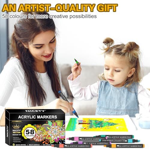NICETY 58 Colors Acrylic Paint Pens Paint Markers 3mm Medium Tip Point Acryli...