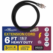 6ft Power Outdoor Extension Cord & Indoor - Waterproof Electric Drop Cord Cable