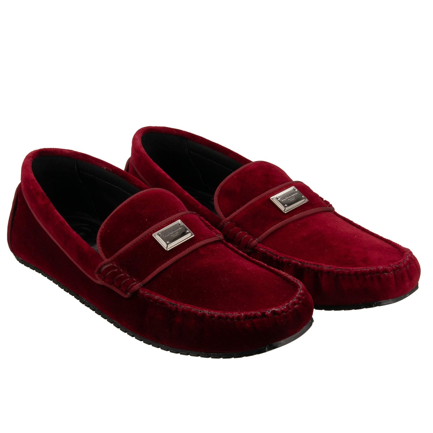 DOLCE & GABBANA DG Metal Logo Velvet Moccasins Shoes PANAREA Bordeaux 44 US 11