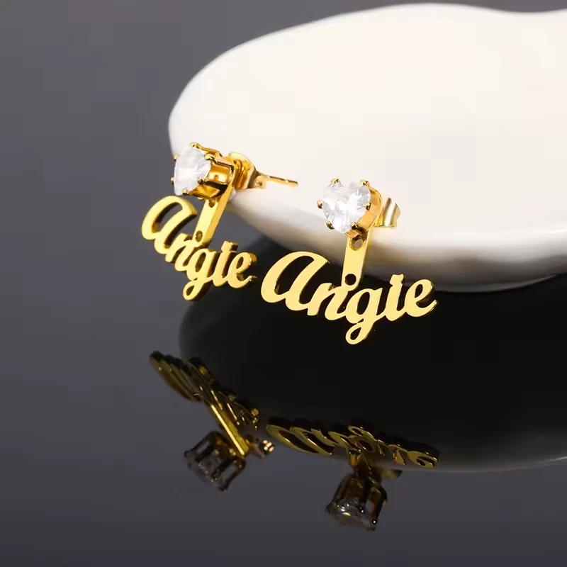 Par de aretes de circonita con nombre personalizado joyería acero inoxidable plata oro regalo Foto 2 de 4