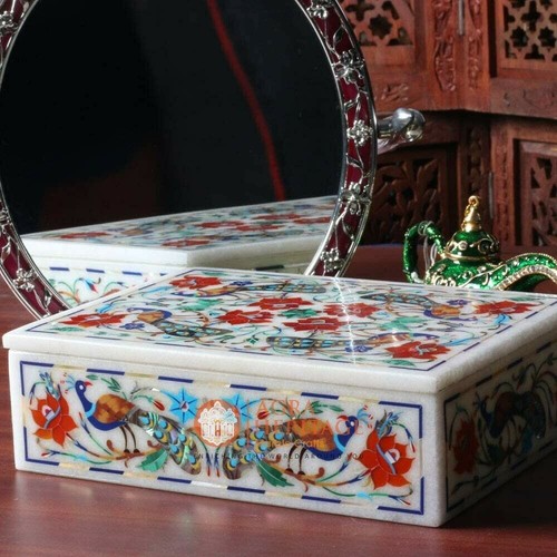 6"x4"x2" Marble Jewelry Lidded Box Peacock Inalid Pietradura Thanksgiving Gift - Picture 6 of 6