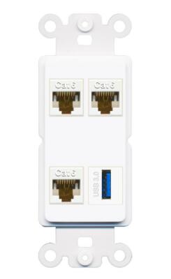 [4 Ports] 3 CAT6 USB-3 Port Wall Plate Rocker White