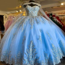 Glitter Applique Sky Blue Quinceanera Dresses With Cape Sweet 16 Ball Gowns