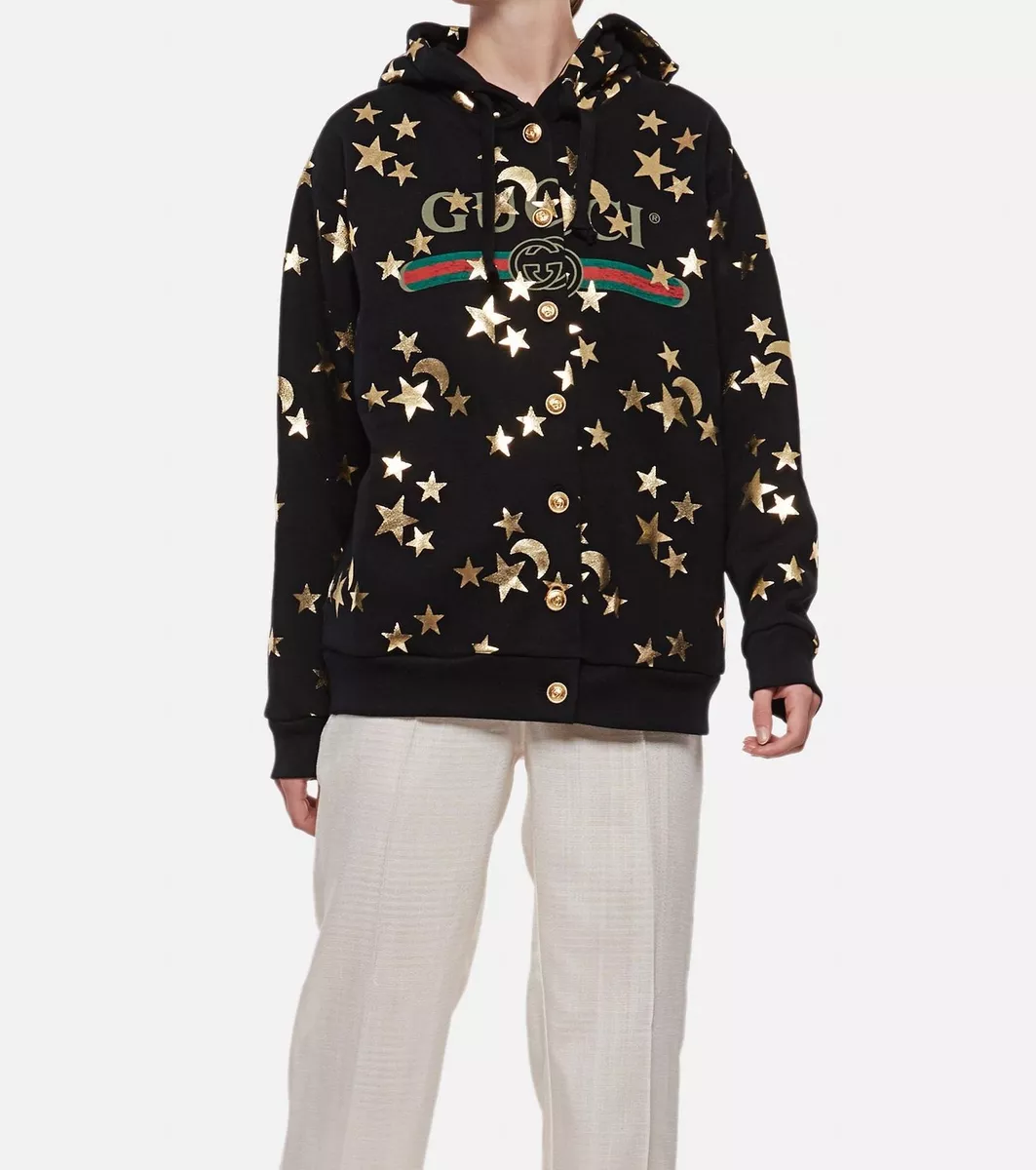 NWOT GUCCI Black Gold Stars Moon Print Hoodie XS Unisex Jacket