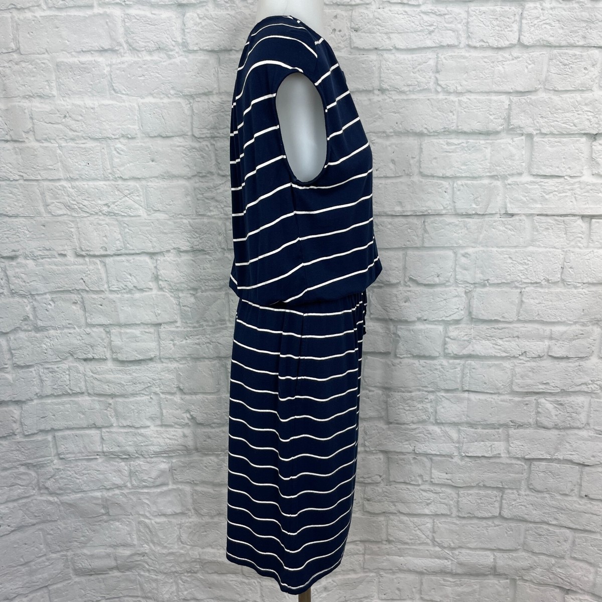 Banana Republic Dress XS Navy Blue Striped Elastic Waist Pockets Stretch  Women's | eBay