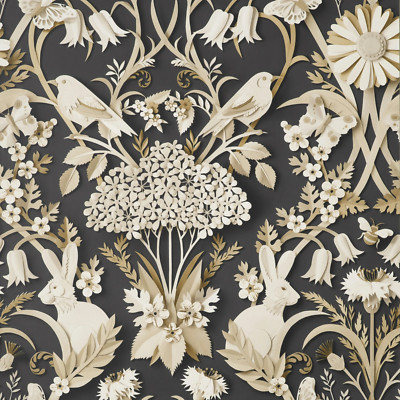 Fine Decor Woodland Rabbit Butterfly Luxury Paste The Paper Charcoal Wallpaper 