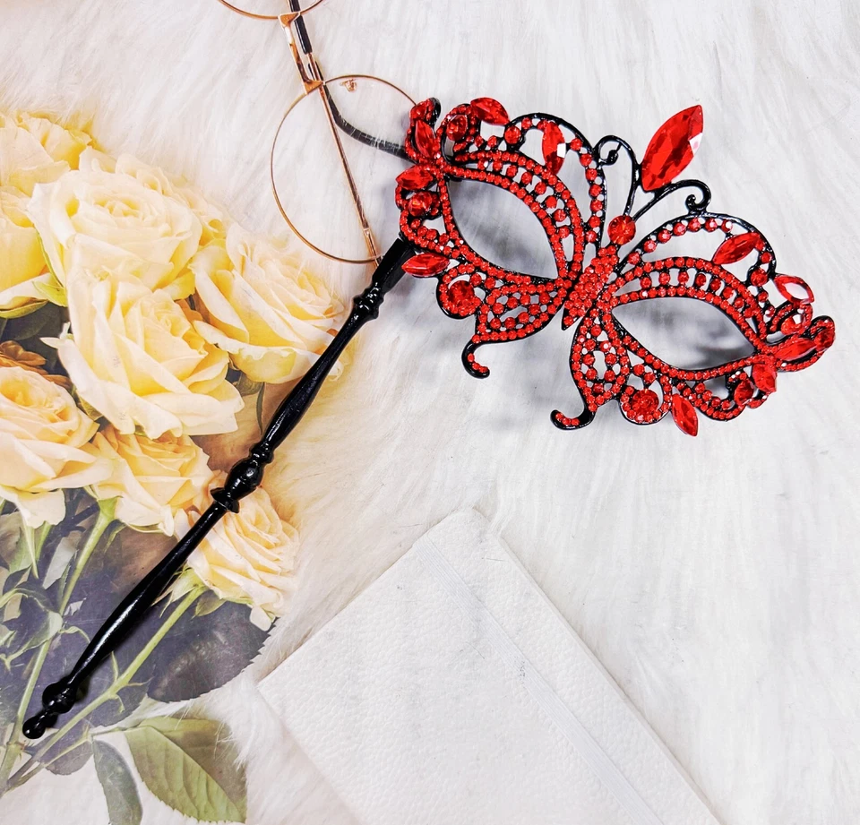 Red Masquerade Mask, Crystal Handheld Mask, Black Mask with Stick, Venetian Mask - Image 3 of 4