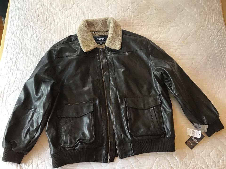 Chaps NEW w Tags Vegan Leather Jacket Mens L Flight Bomber Brown Sherpa Lined - Image 4 of 4
