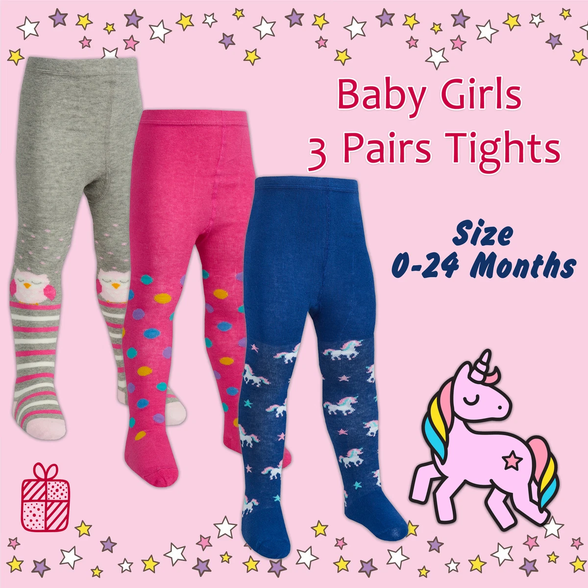 3 Pairs Baby Girls Designer Tights Soft Cotton Rich Unicorn Spots