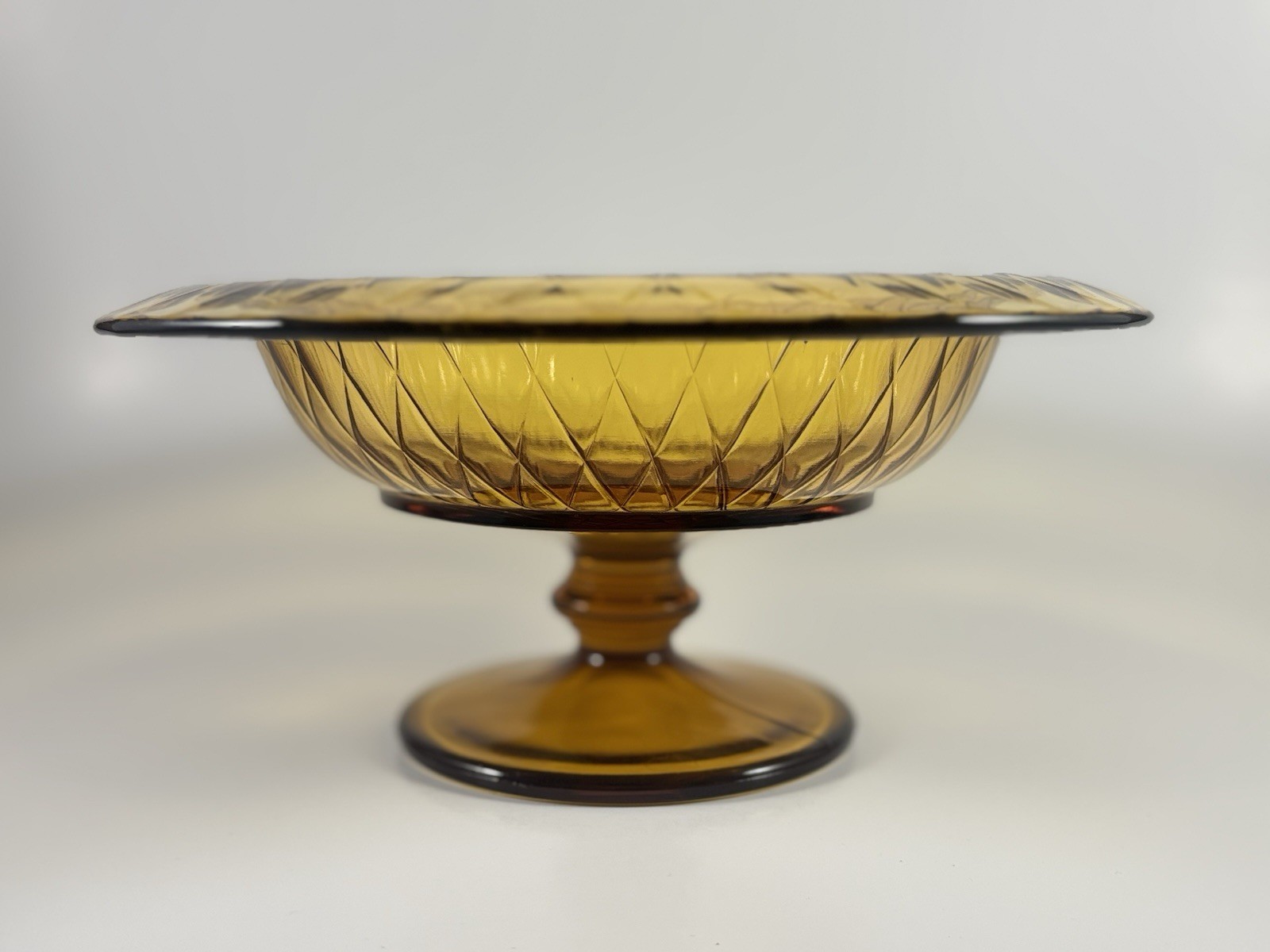 Vintage Amber Glass Pedestal Foot Compote Dish Retro MCM Diamond Quilt Pattern
