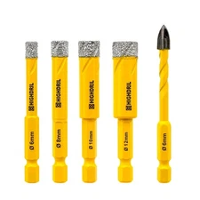 HIGHDRIL Dry Diamond Drill Bits Set 5pcs - 6/8/10/12mm Quick Coupling Shank D...