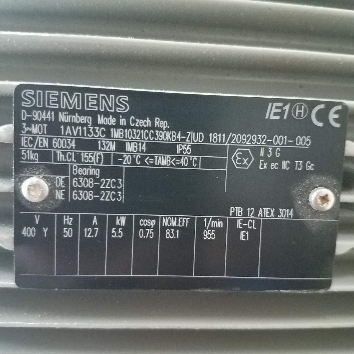 Siemens D-90441 Motor, V: 400Y, Rpm: 955, 12.7 A, 5.5 KW, 50 Hz, 3