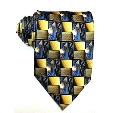 Bruno Barelli Mens Silk Tie Geometric Rectangles Squares Pattern Gold Blue
