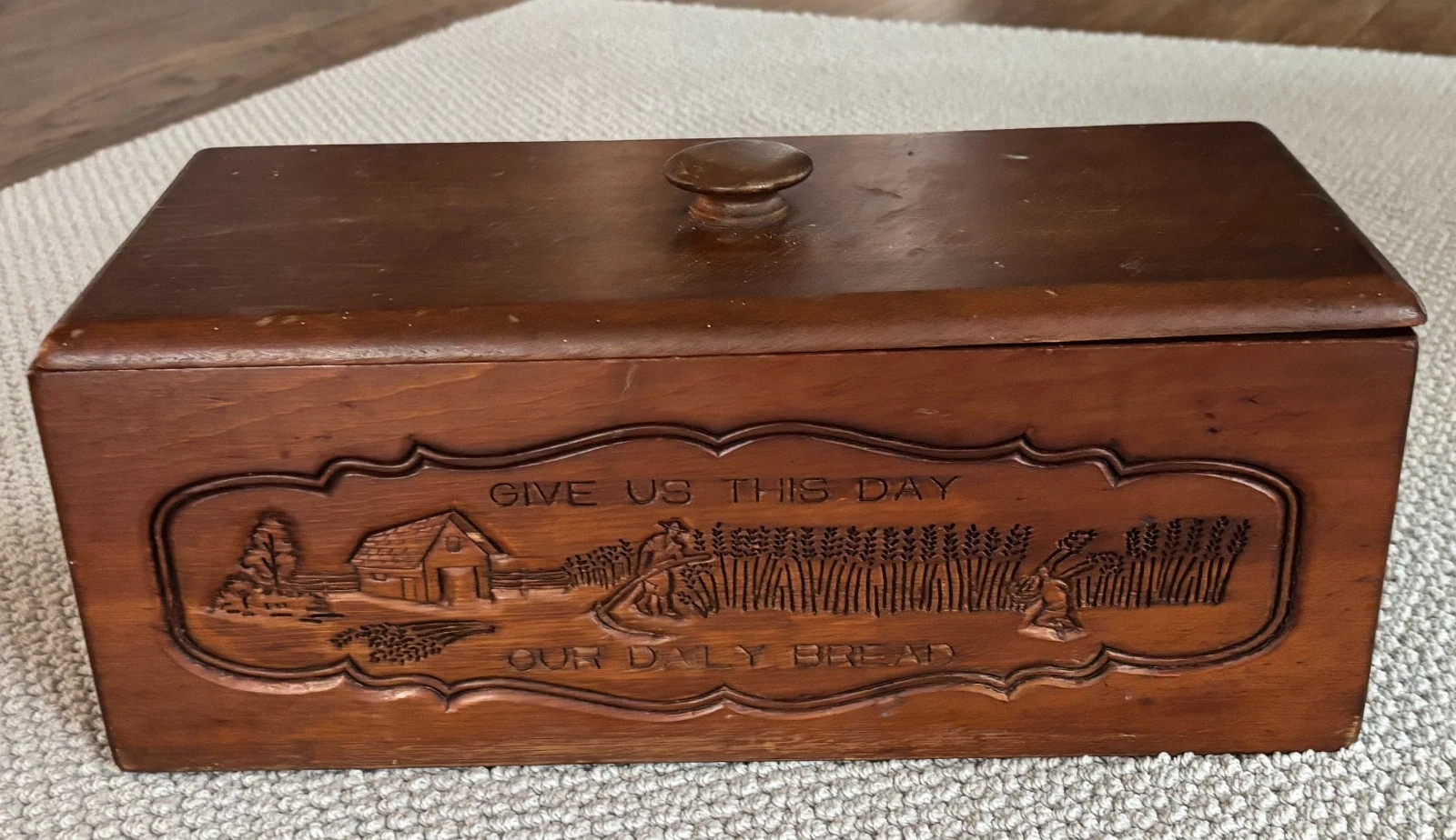 Vintage Rustic Pine Wood Carved Box Give Us This Day Our Daily Bread Lidded Bin