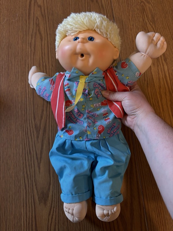 Cabbage patch Kids Blonde Hair Doll Outfit Vtg Open Mouth Blue Eyes Birthday