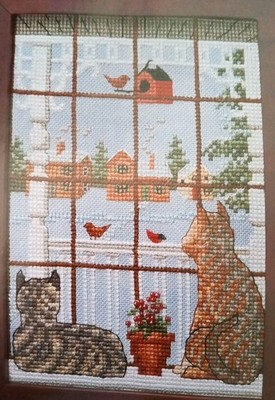 Cross Stitch ''TOO COLD TO GO OUTSIDE'' pattern ~ cats, snow, window, birds