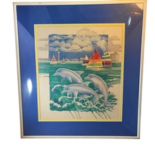 Pod of Dolphins by Paul Brent Original Signed Lithograph Framed Under Glass 1991