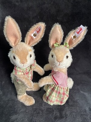 Steiff Lot 2 Dressed Girl & Boy Mohair Bunny Rabbits 11  White Tag Ltd Ed CUTE