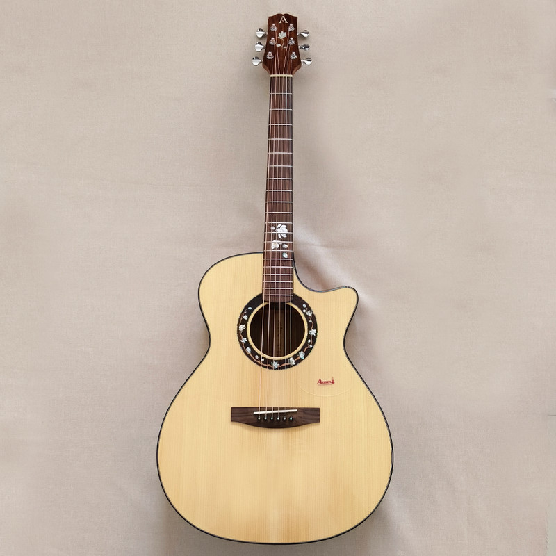 40" Cutaway Acoustic Guitar Solid Engleman Top Abalone Inlay Bone Nut Gigbag