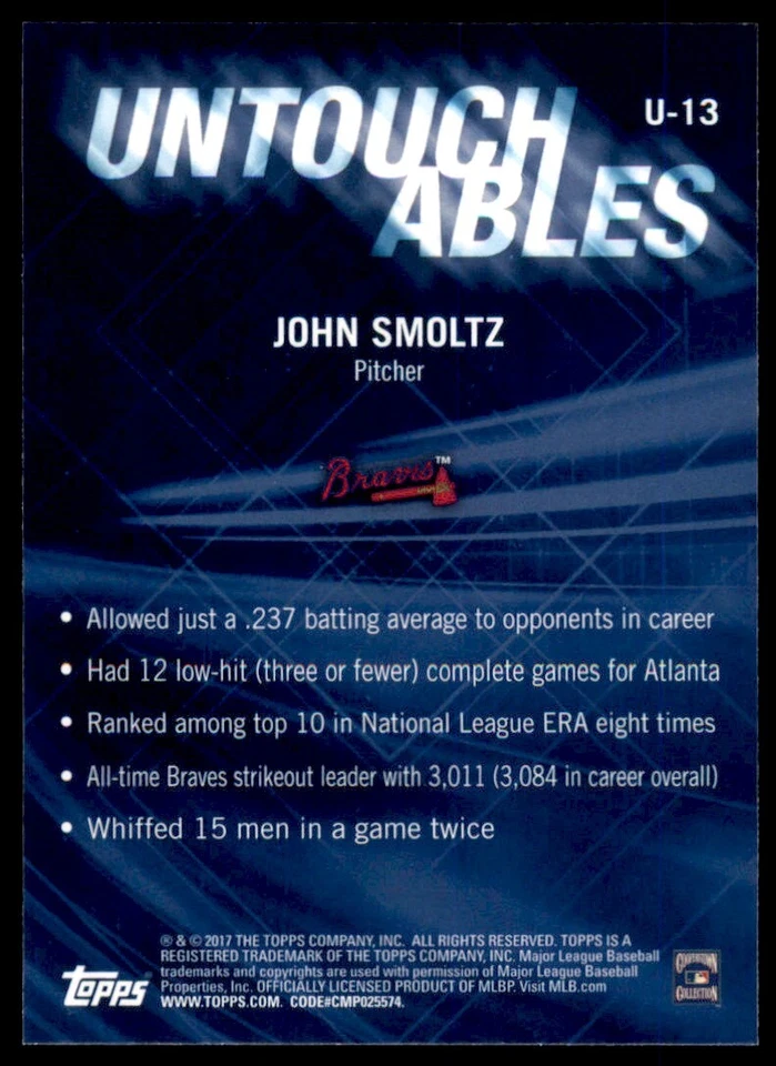 2017 Topps Update Untouchables #U-13 John Smoltz Atlanta Braves - Image 2 of 2