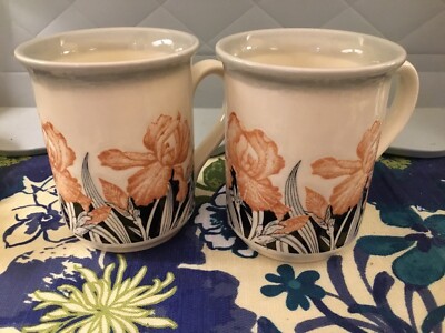 Biltons Coffee Tea Mugs Made in England Iris  Flowers Embossed vintage lot of 2