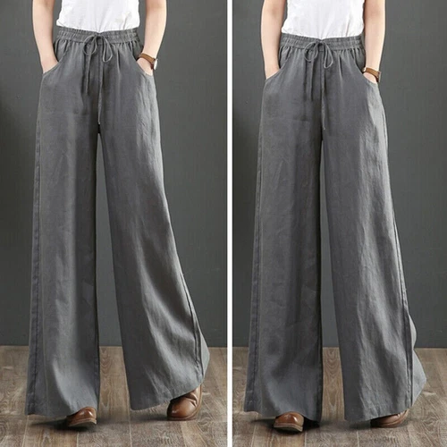 Summer Womens Cotton Linen Baggy Long Trousers Elastic High Waist Wide Leg Pants - Picture 3 of 31